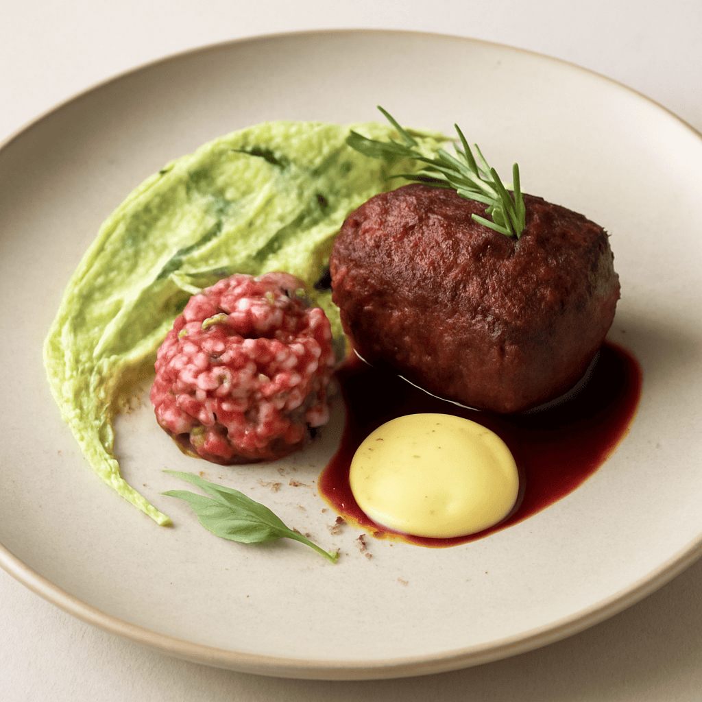 FESONE DI MANZO E TARTARE, ACCOMPAGNATO DA CREMA DI CAVOLO ROMANO, RISTRETTO DI VINO ROSSO E YOGURT AL CURRY.