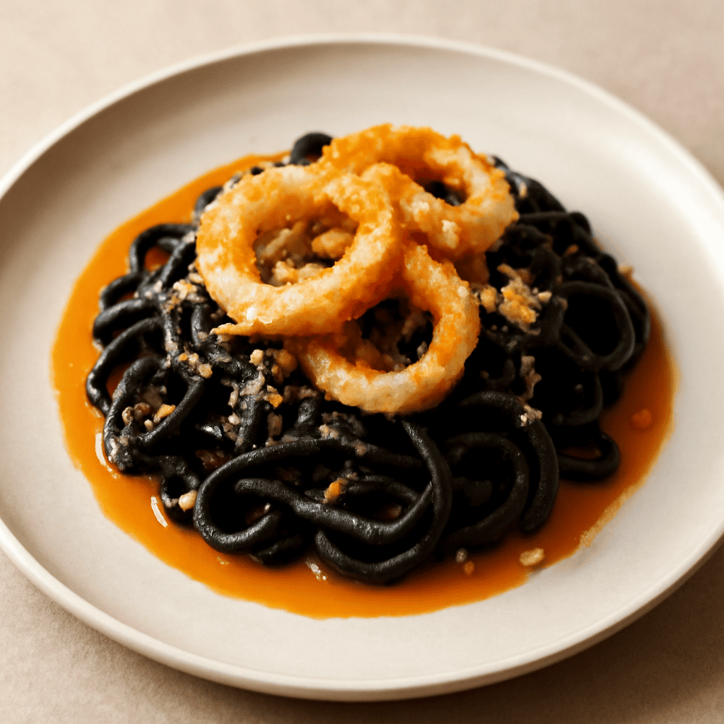 Fettucce al nero di seppia, calamari croccanti e formaggio dei poveri all’arancia
