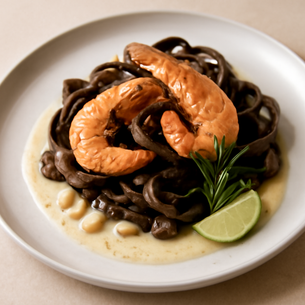 Fettuccine al caffè con gamberi alla grappa e crema allo zenzero