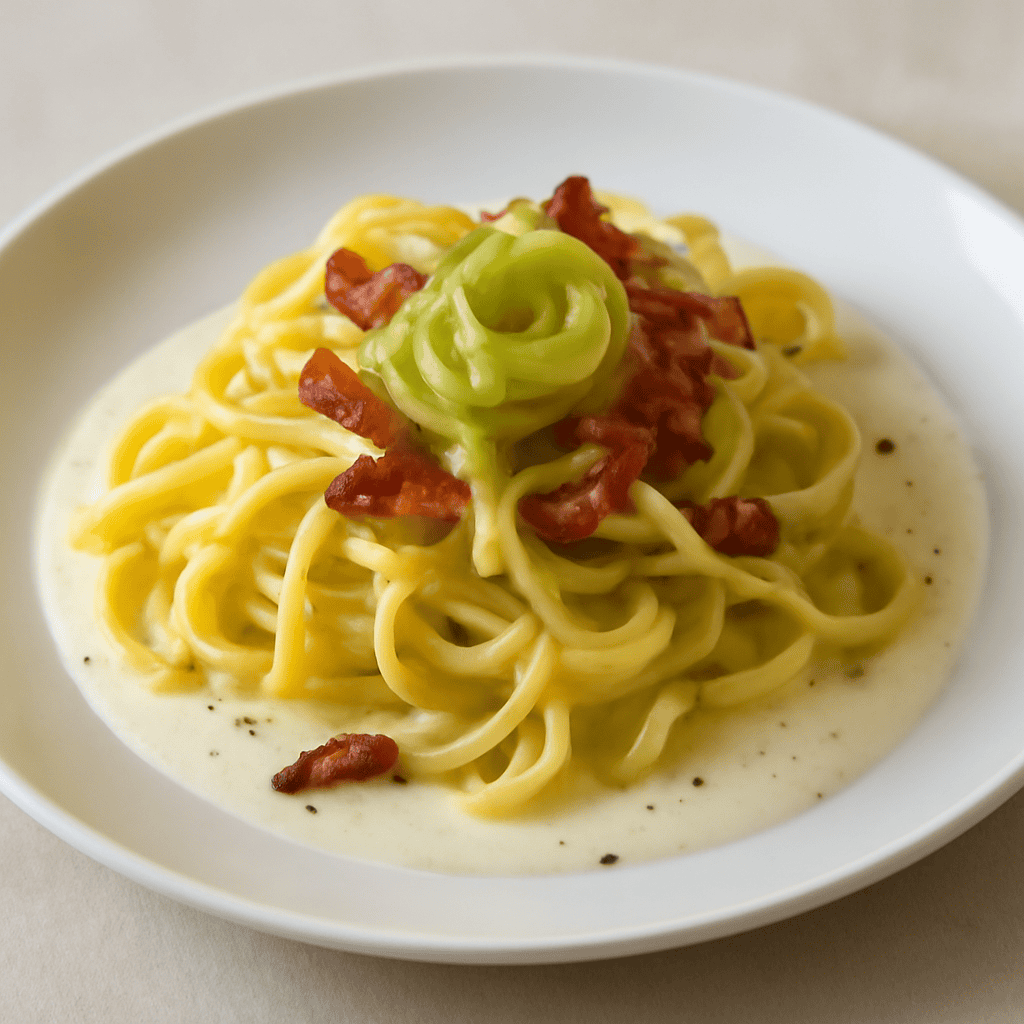 Fettuccine al porro su fonduta di pecorino e pancetta croccante