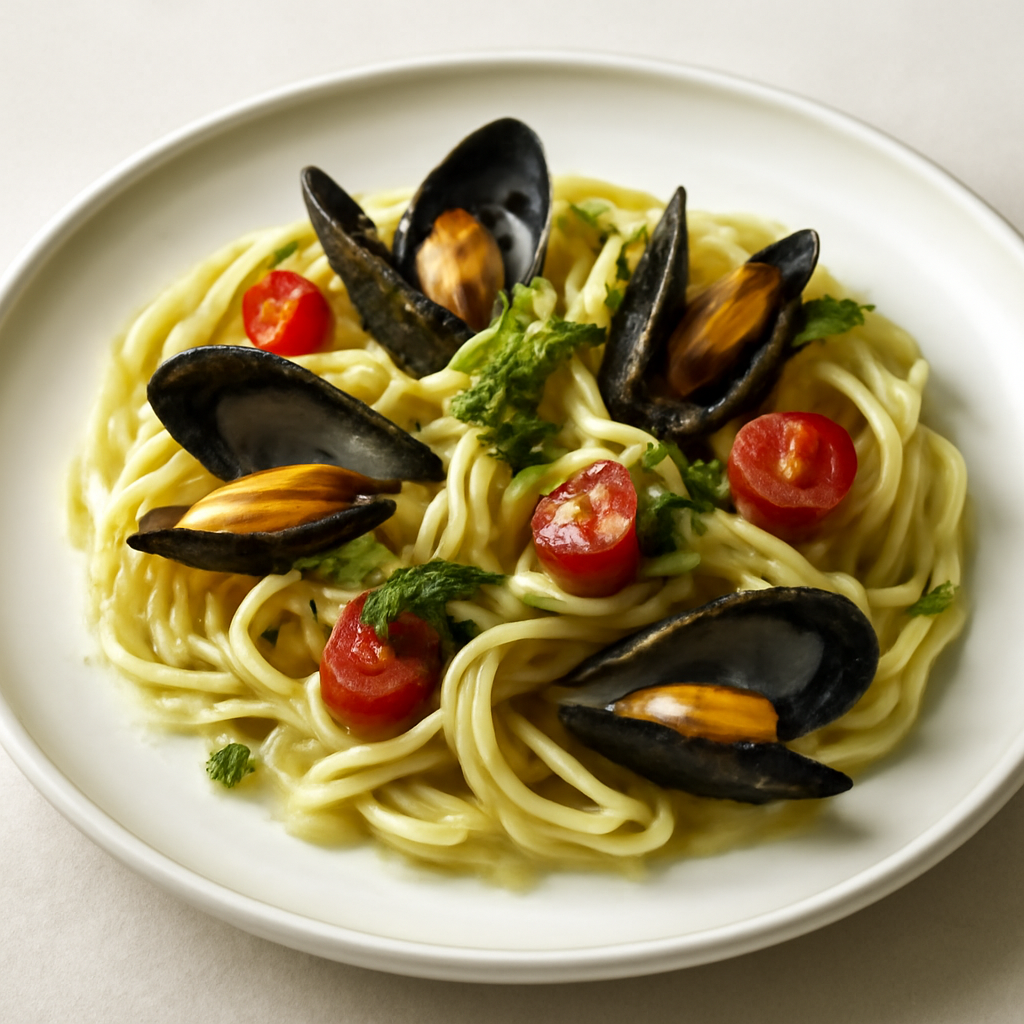 Fettuccine cozze e crema di pecorino con pesto alla genovese e pomodori pachino
