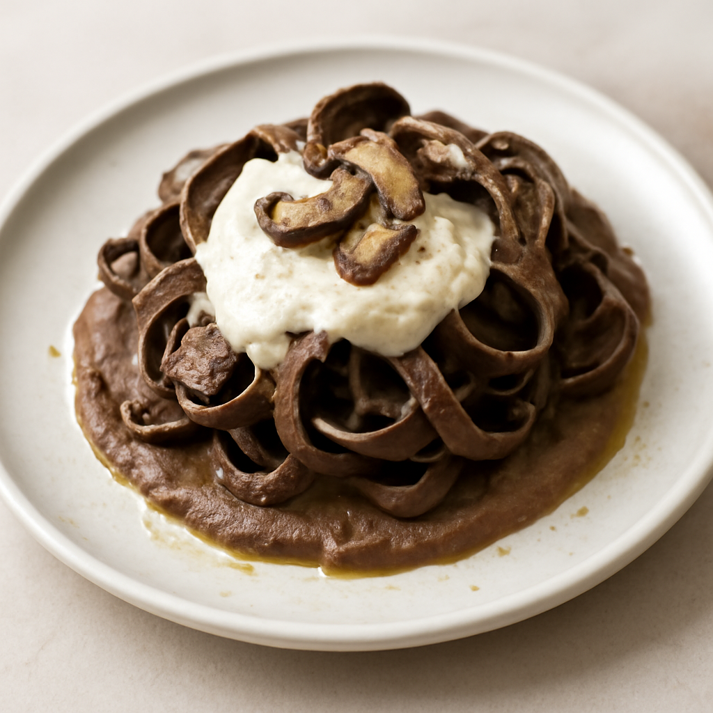 Fettuccine rustiche al caffe con crema di pecorino e purea di funghi