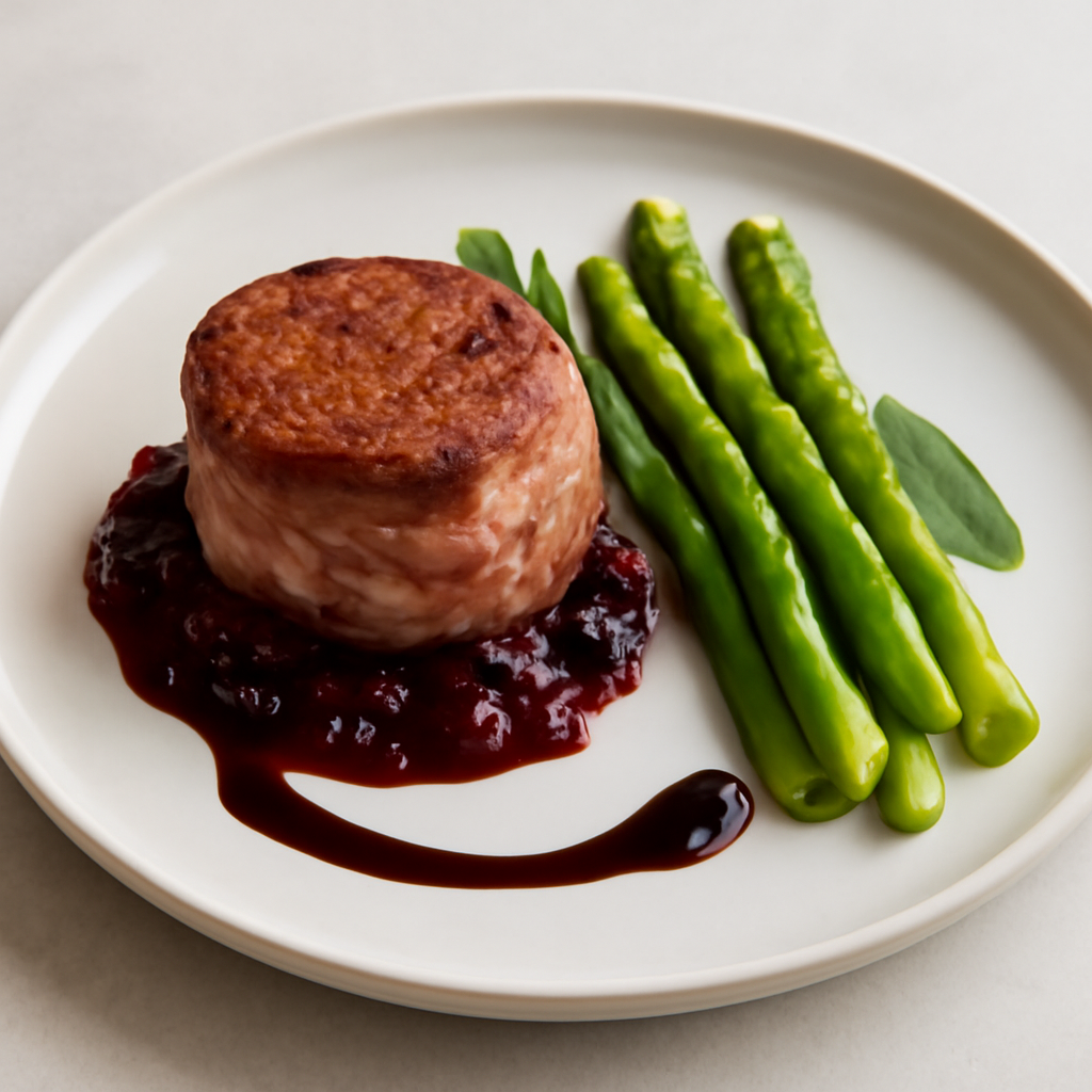 Filet mignon al brandy con salsa ai frutti di bosco asparagi e riduzione all’ aceto balsamico