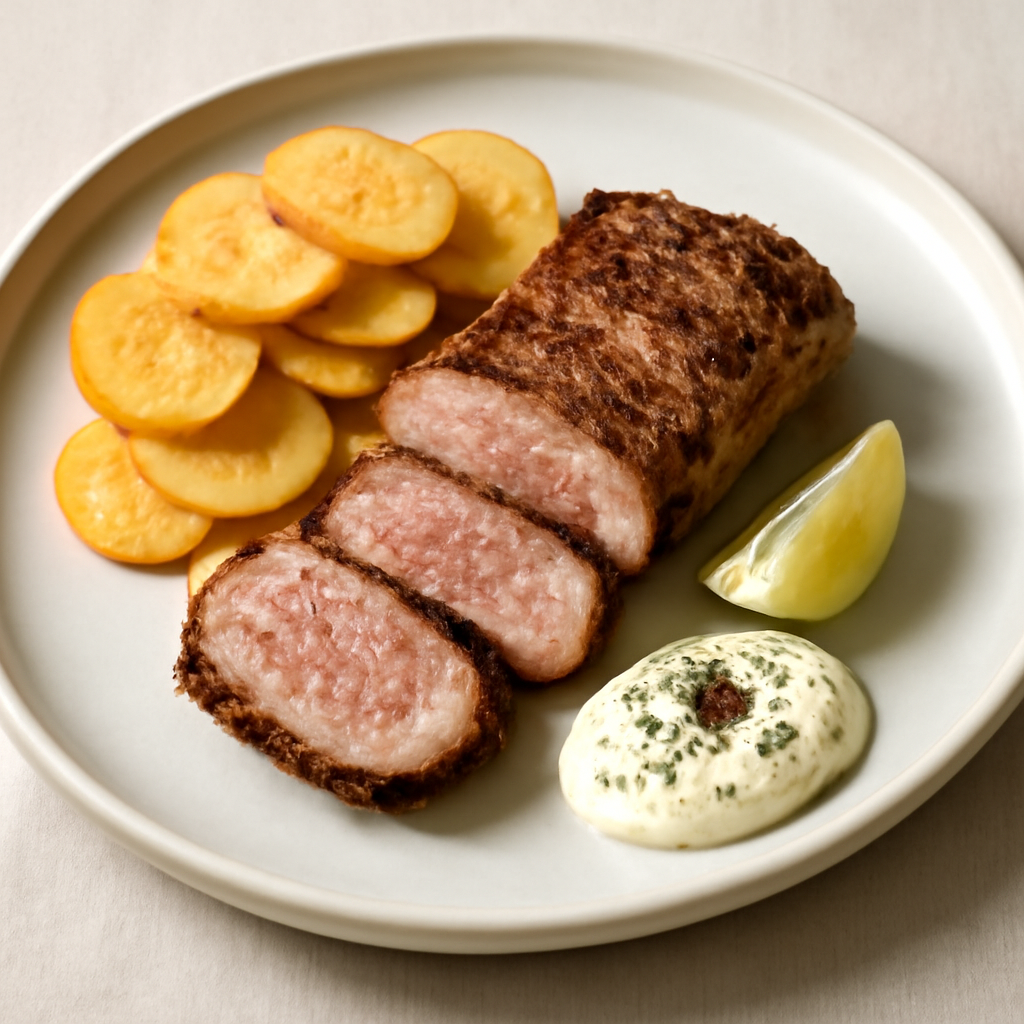 filettino di maiale “grill” con cips di patate e maionese con tartufo nero