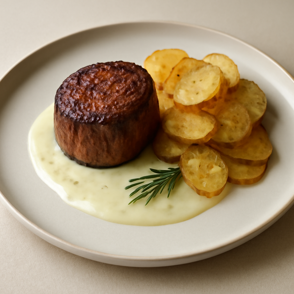 FILETTO CON CHIPS ALL’OLIO DI ROSMARINO SU SALSA DI FONTINA