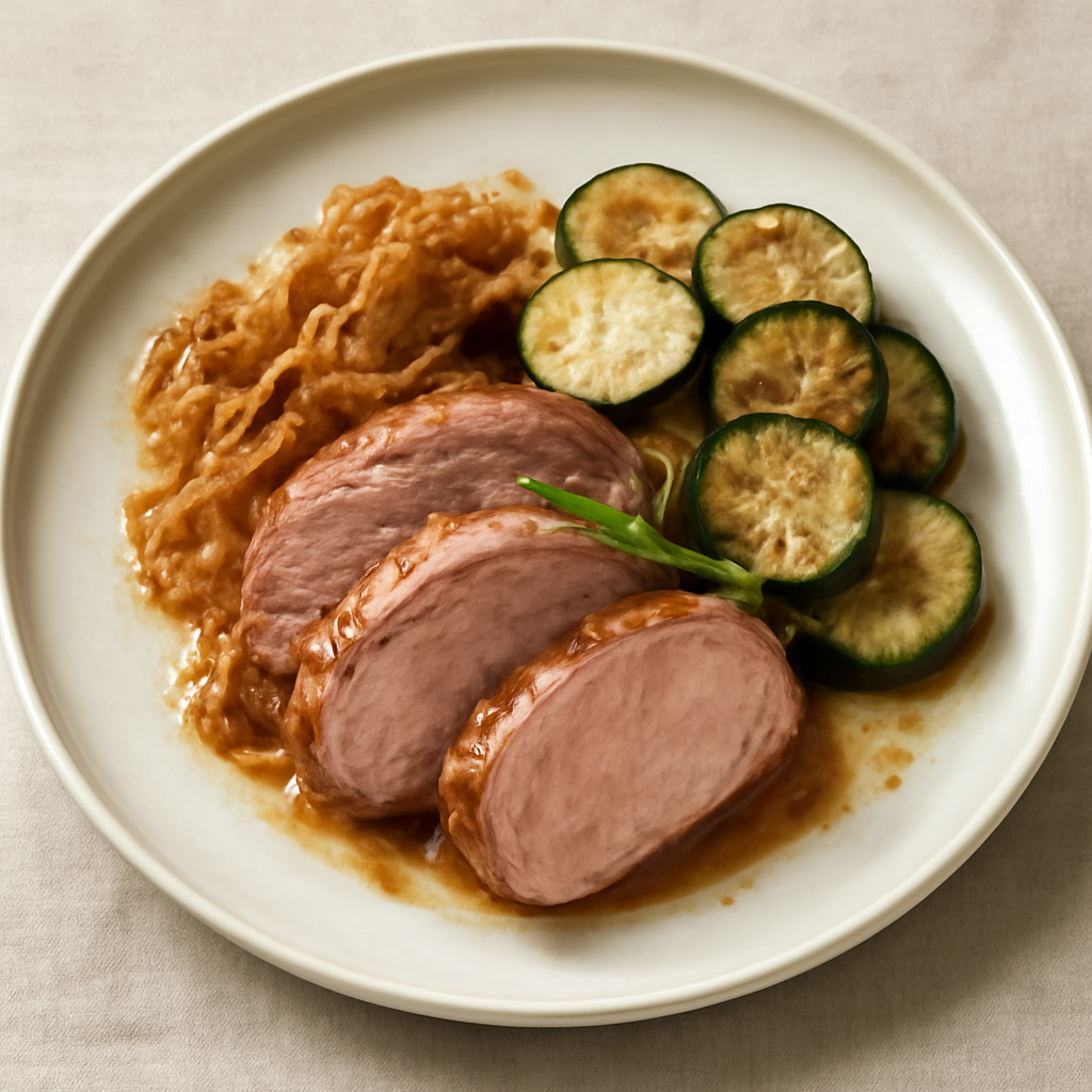 FILETTO DI ARISTA CON CIPOLLA PASSITA E ZUCCHINE GLASSATE