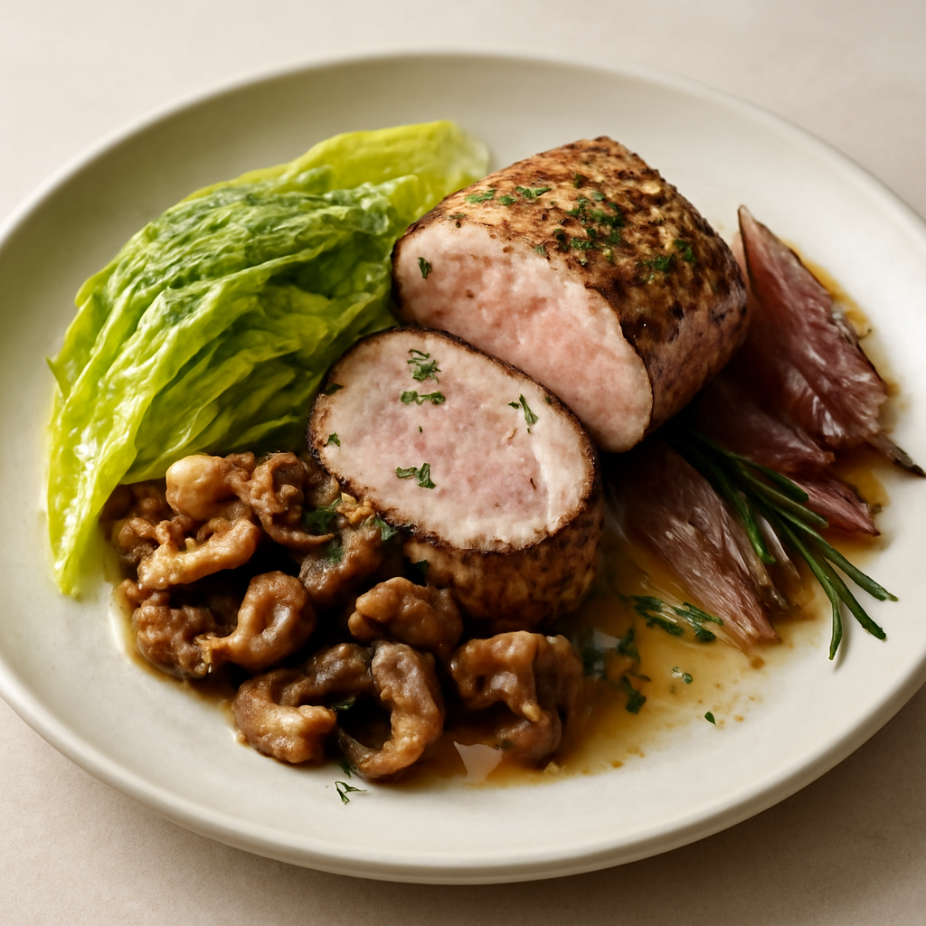 FILETTO DI ARISTA DI MAIALE AROMATIZZATO ALLE ERBE,CON SPECK,VERZA E FUNGHI TRIFOLATI