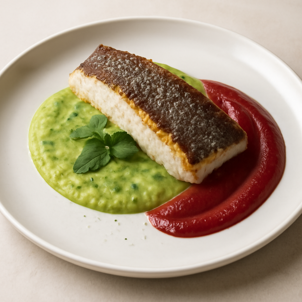 Filetto di Branzino su crema di zucchine e menta e salsa di rape rosse