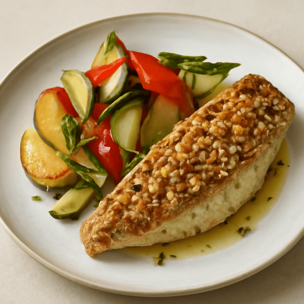 Filetto di Coregone Croccante alle Mandorle e Miele con Verdure Croccanti