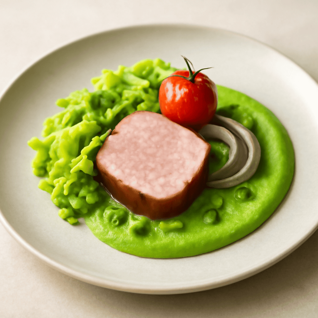 FILETTO DI MAIALE AFFUMICATO, CON VERZA E CREMA DI PISELLI.