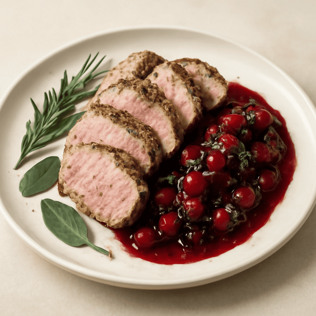 Filetto di maiale alle erbe aromatiche con riduzione di frutti di bosco