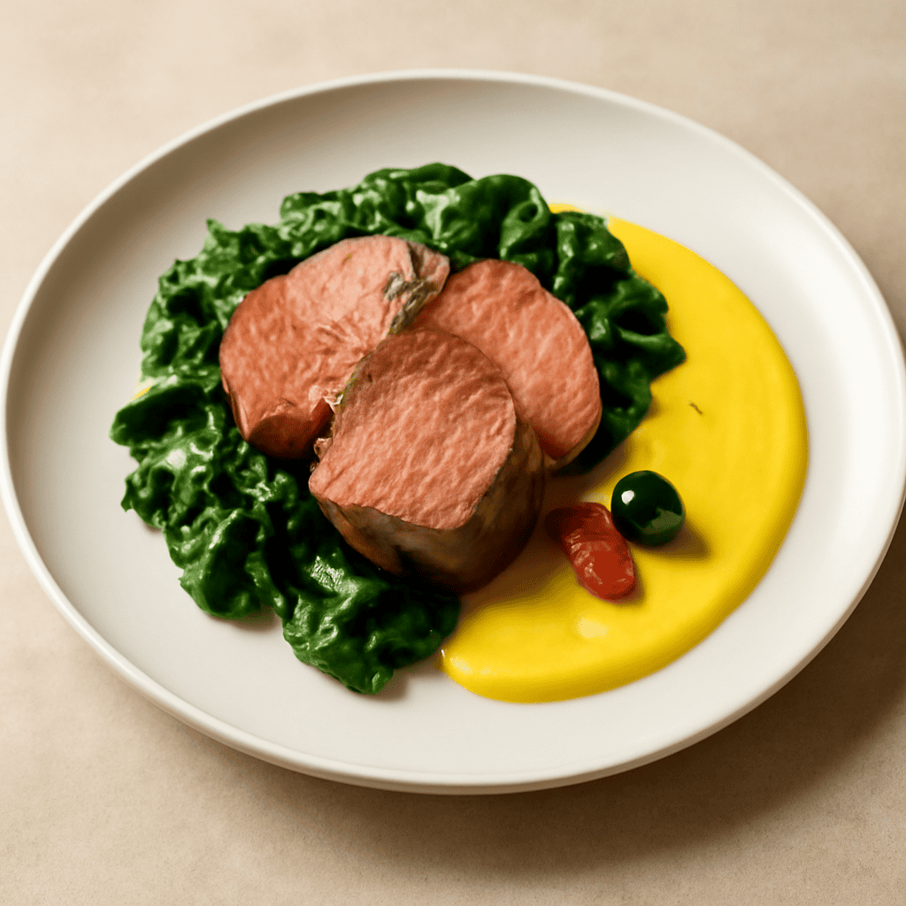 Filetto di Maiale con bieta e salsa di patate allo zafferano
