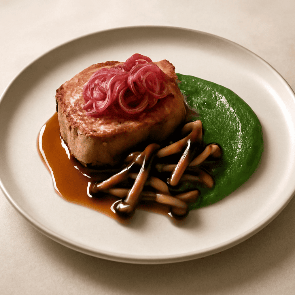 filetto di maiale con cipolla in agrodolce, funghi pioppini e crema di spinaci