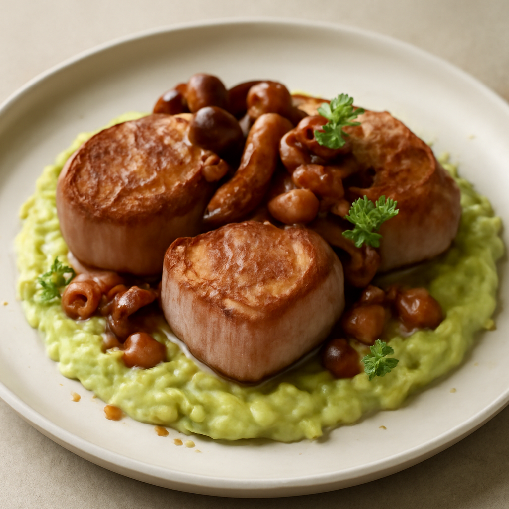 Filetto di maiale con funghi chiodini e pancetta su crema di verza e porri