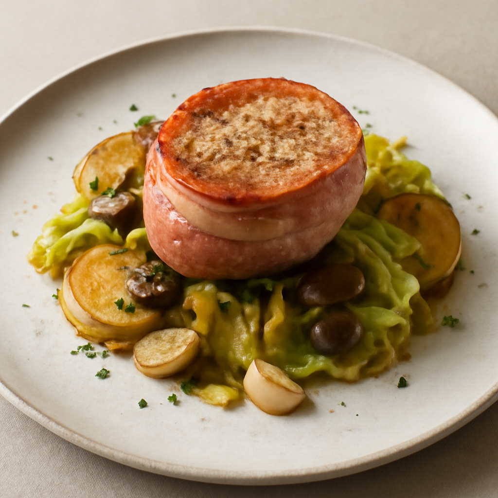 FILETTO DI MAIALE CON PANCETTA E VERZA SU LETTO DI PATATE E FUNGHI