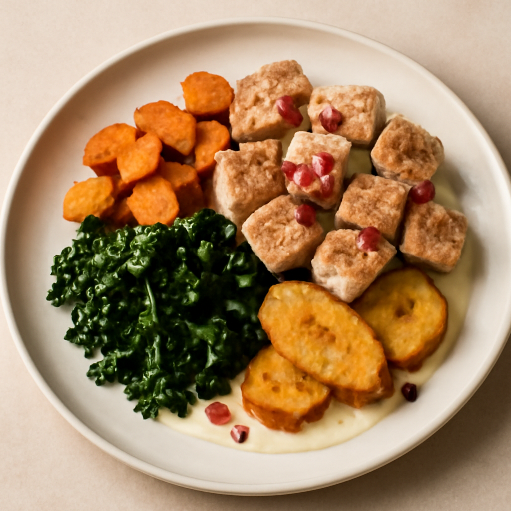 Filetto di maiale con patate dolce cavolo nero e platano