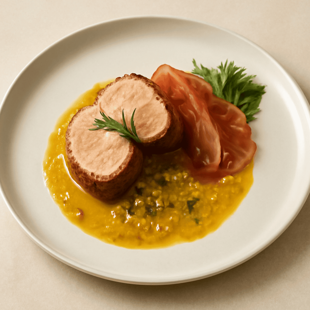 Filetto di maiale e culatello con salsa di mostarda e pistacchi