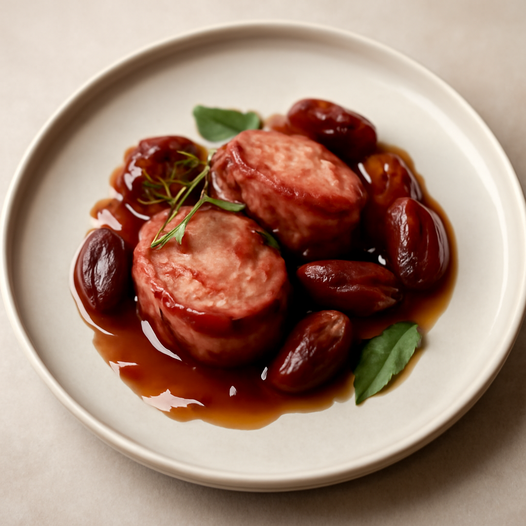 FILETTO DI MAIALE GLASSATO AI DATTERI E PANCETTA CROCCANTE