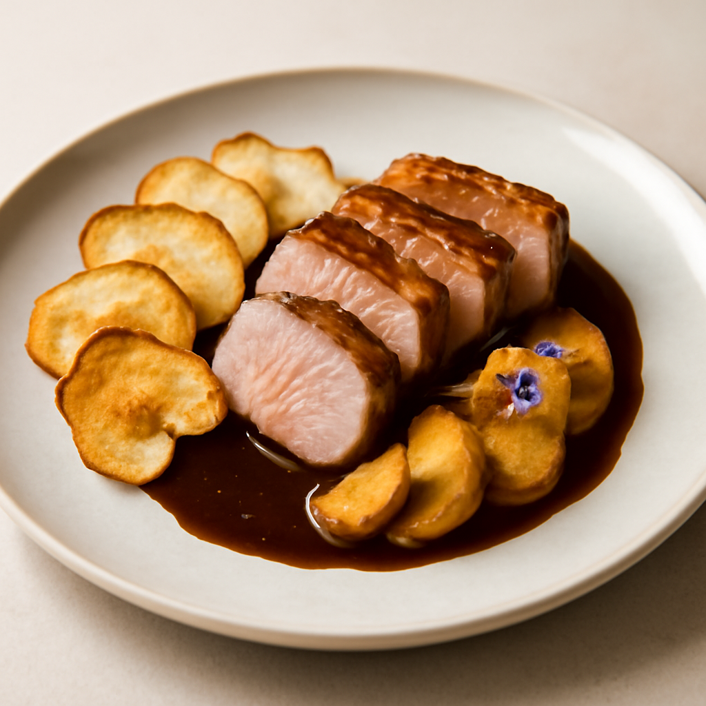 Filetto di maiale in salsa teryaki zenzero e rafano con chips di mele e mele caramellate