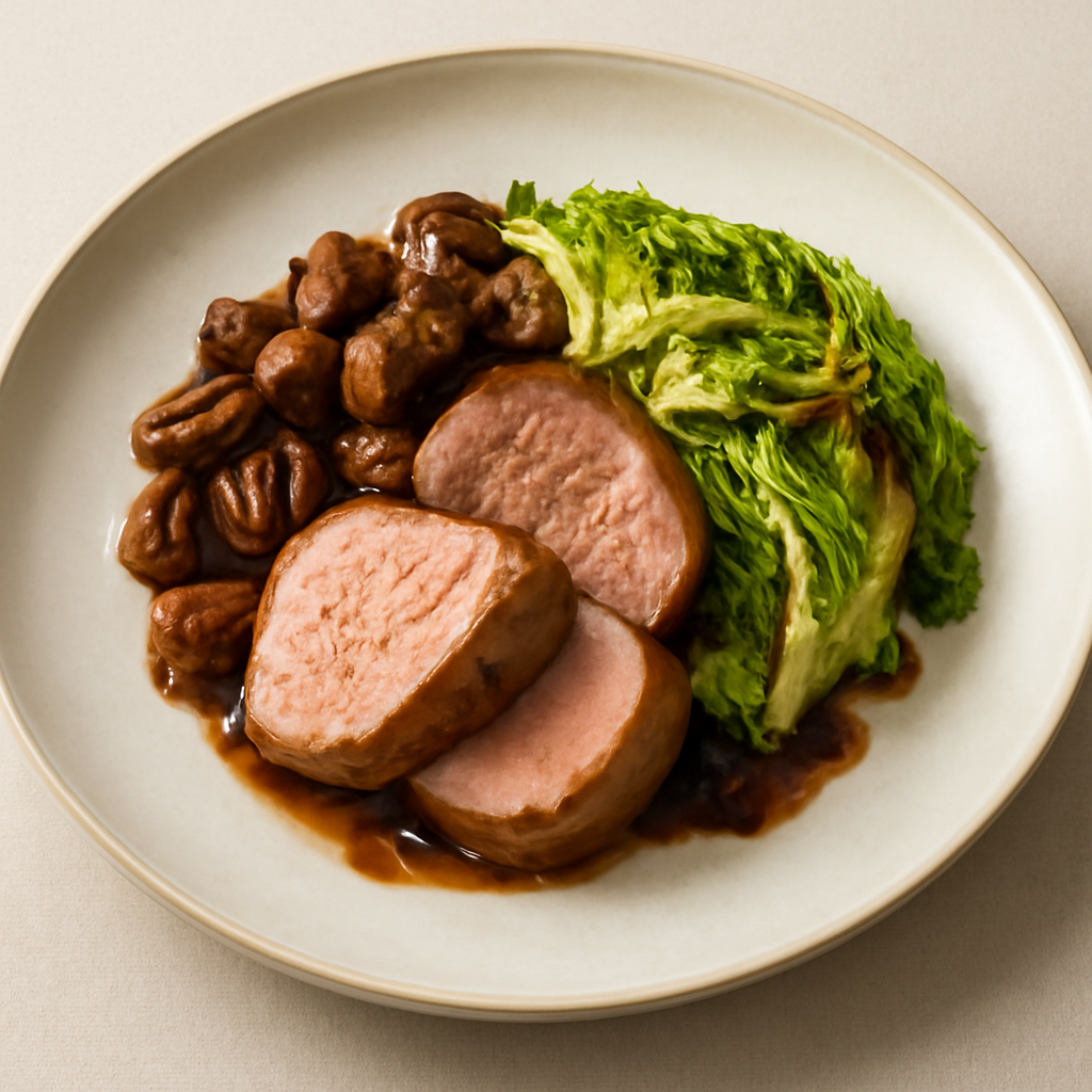 filetto di maiale marinato con funghetti di bosco e verza al balsamico