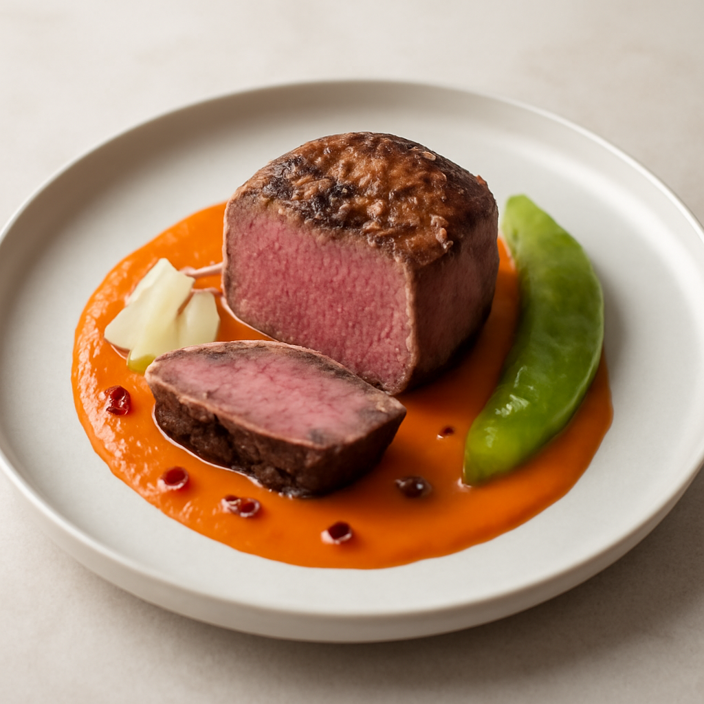 Filetto di manzo al coriandolo su crema di peperoni e perle di aceto di lamponi