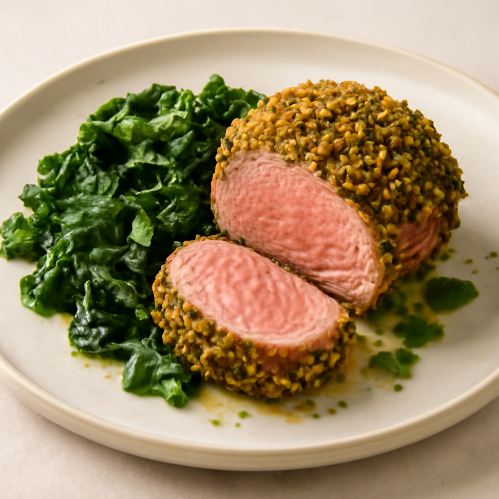 filetto di manzo avvolto con pancetta in crosta di pistacchio di Bronte e spinaci
