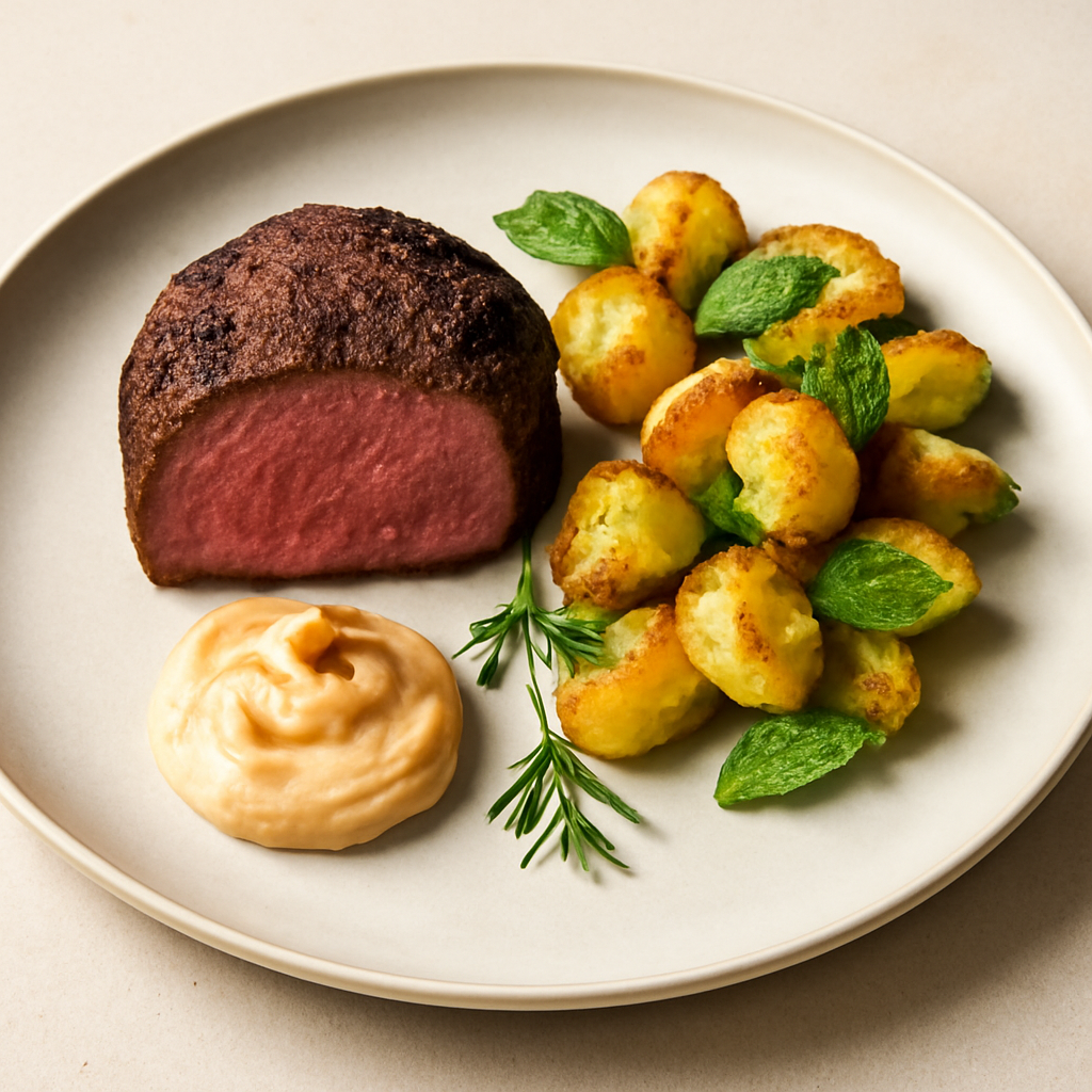 Filetto di manzo con mayonese alla paprika affumicata e patate alla menta