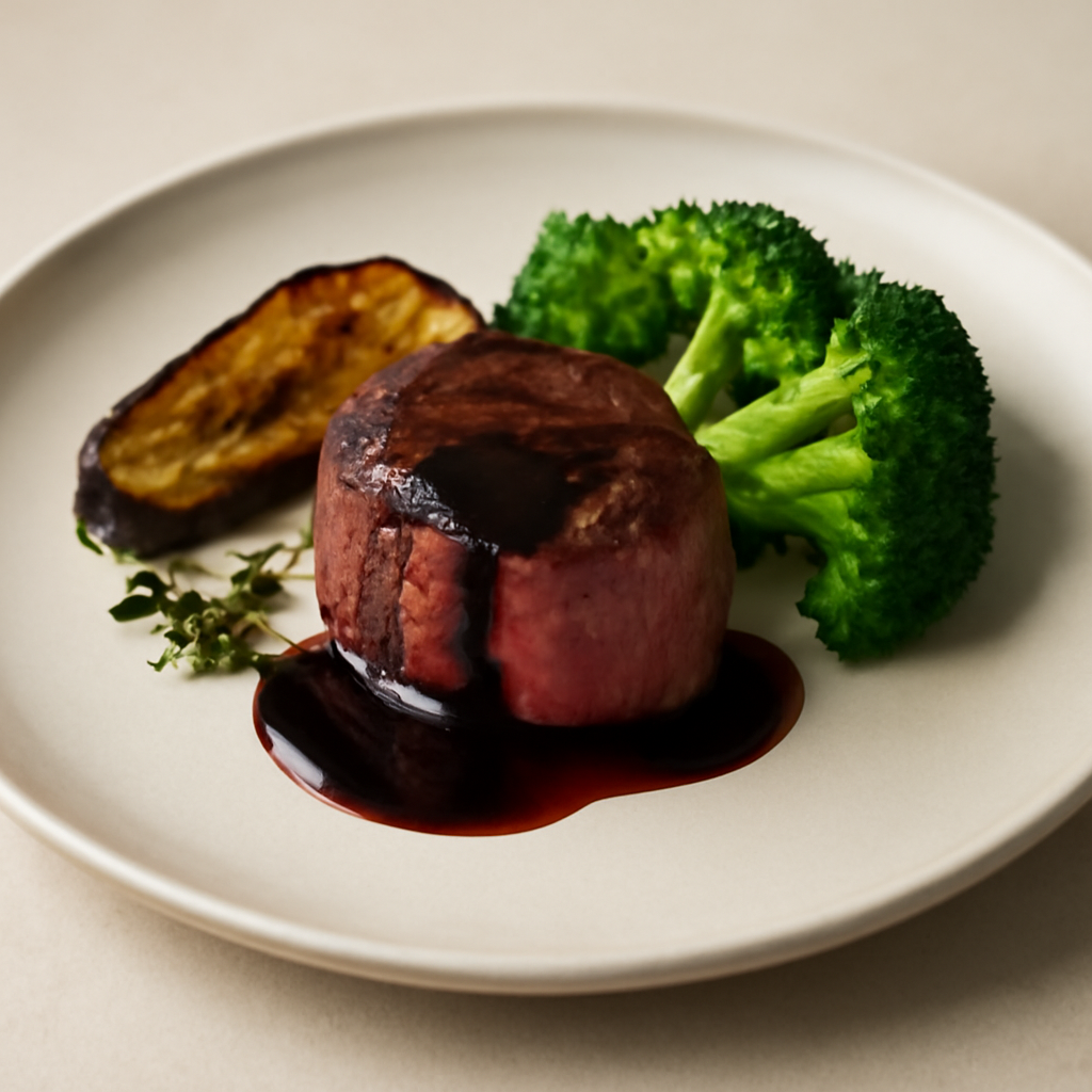 Filetto di manzo con riduzione di aceto balsamico e broccoli