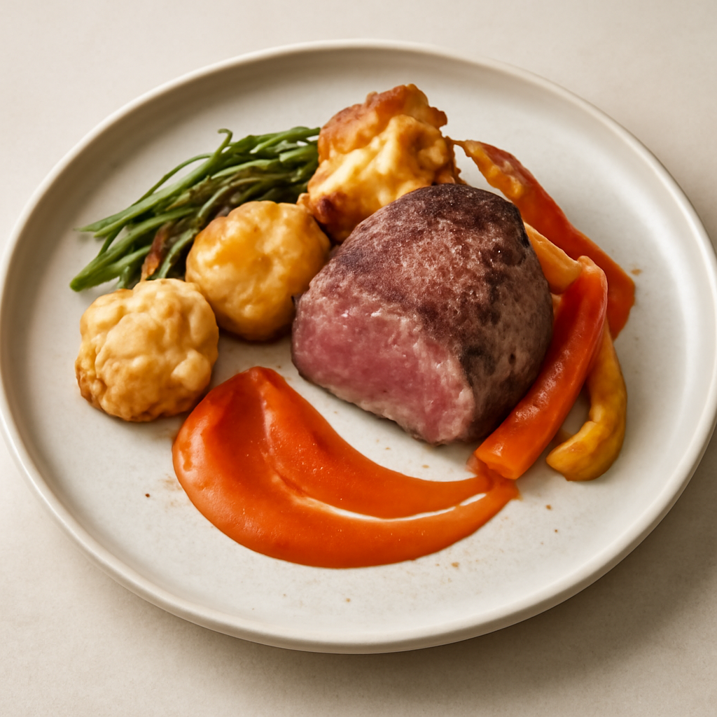 Filetto di manzo con verdure croccanti e salsa di peperone