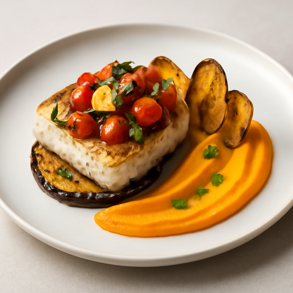 Filetto di Merluzzo ai Pomodorini e Zucchine su Melanzana Croccante. Crema di Carote con chips di melanzane