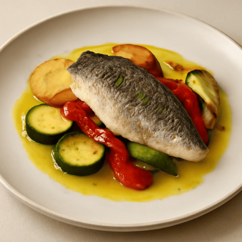 Filetto di Orata con Verdure al Cartoccio ed Olio Emulsionato al Miele