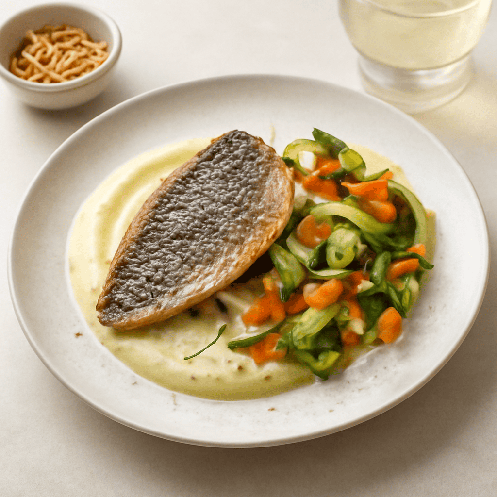 Filetto di orata con zucchine e vellutata di patate.