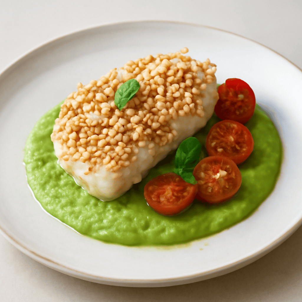 Filetto di rana pescatrice in crosta di pop corn di amaranto su crema di pisellini primavera e mentuccia
