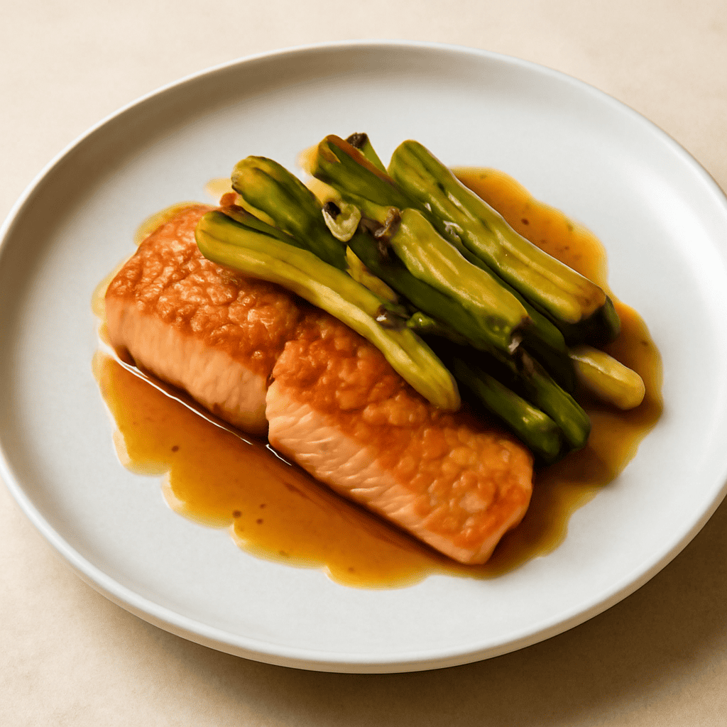 Filetto di salmone con cipollotti in agrodolce
