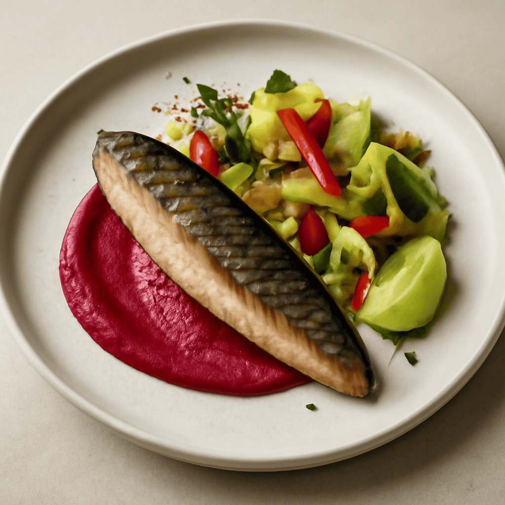 Filetto di sgombro affumicato alle erbe aromatiche con verdure croccante e crema di rapa rossa