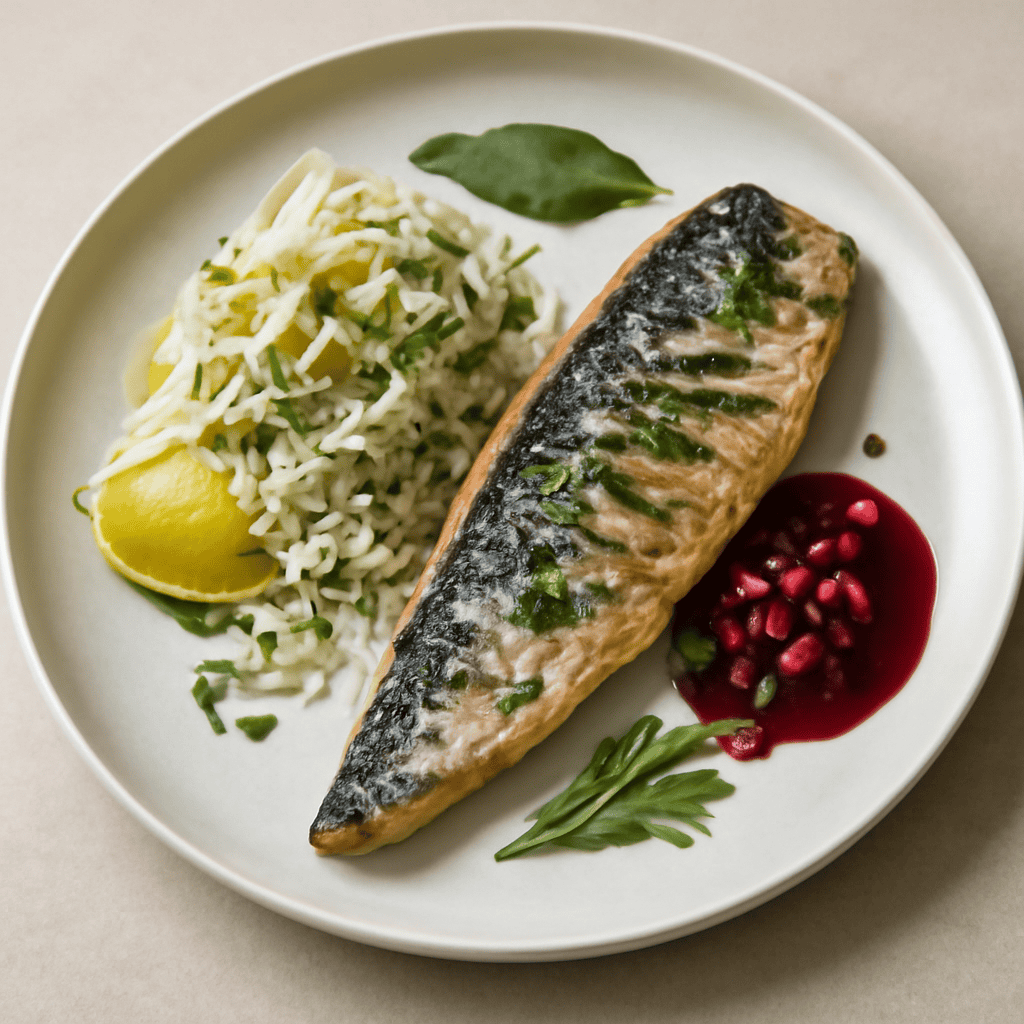 FILETTO DI SGOMBRO AROMATIZZATO ALLE ERBE E PORRI AL VINO ROSSO