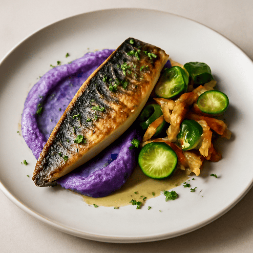 FILETTO DI SGOMBRO CON PUREA DI PATATE VIOLA, ACCOMPAGNATO CON CAVOLETTI E FUNGHI FINFERLI.