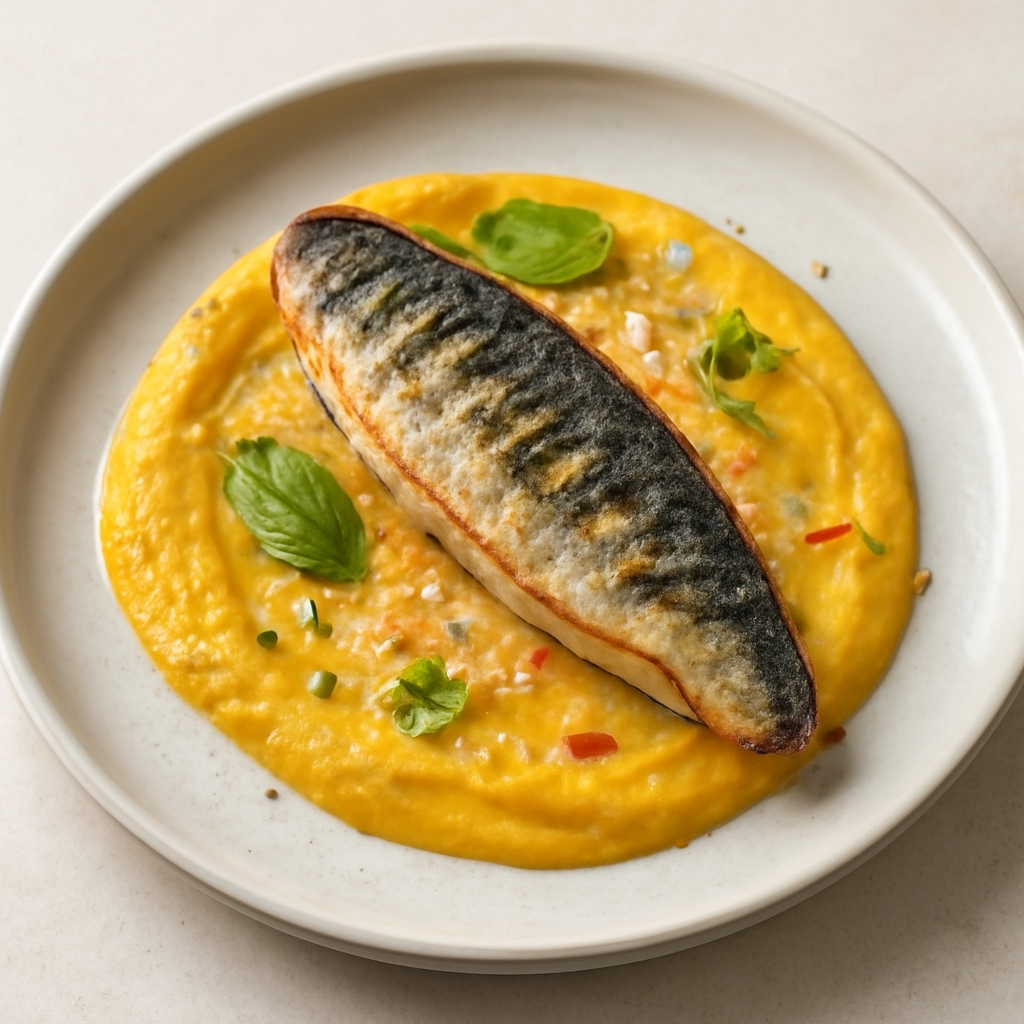 Filetto di sgombro su vellutata di patate peperoni e parmigiano