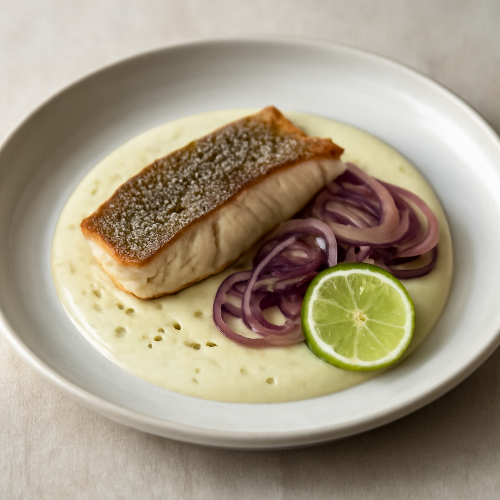 filetto di spigola su crema al lime e cipolla in carpione