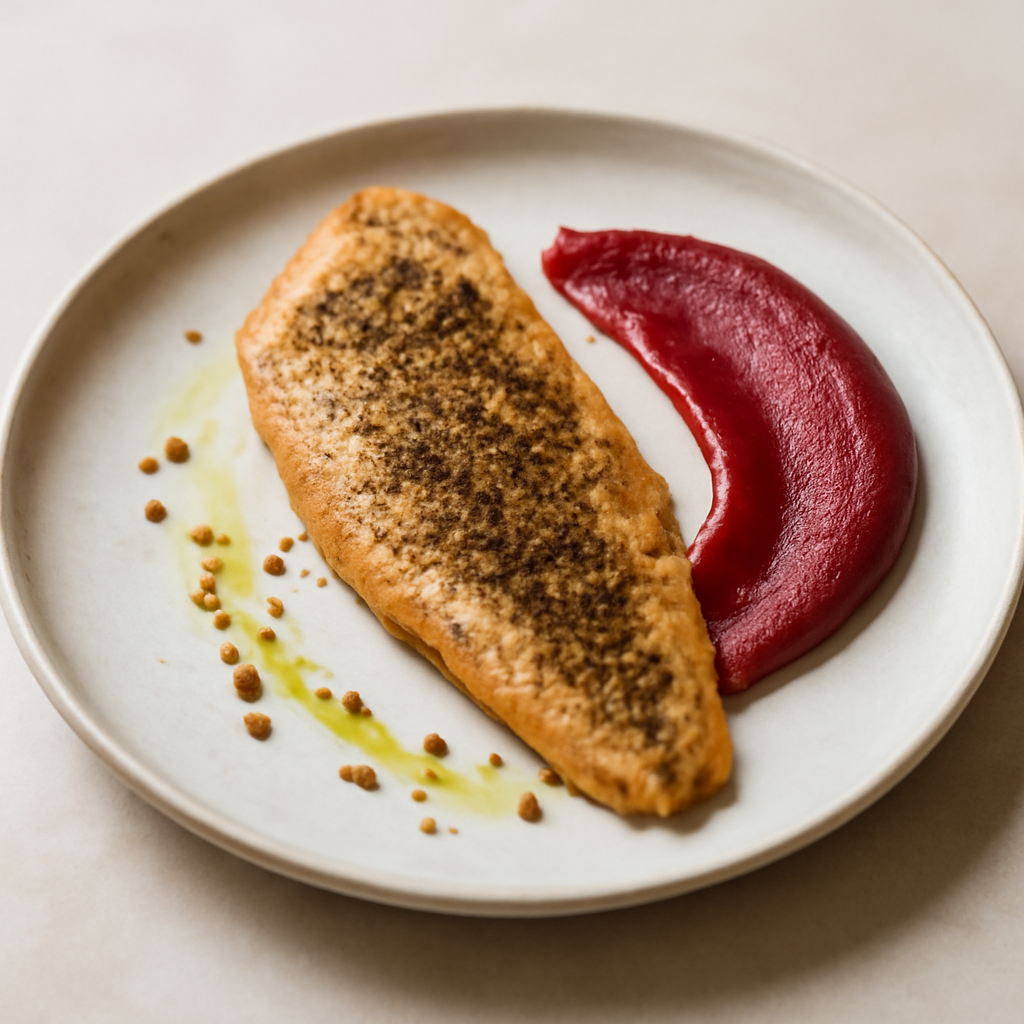 FILETTO DI TROTA AROMATIZZATO ALLO ZENZERO CON SEMI DI LINO E MAIONESE DI RAPA ROSSA