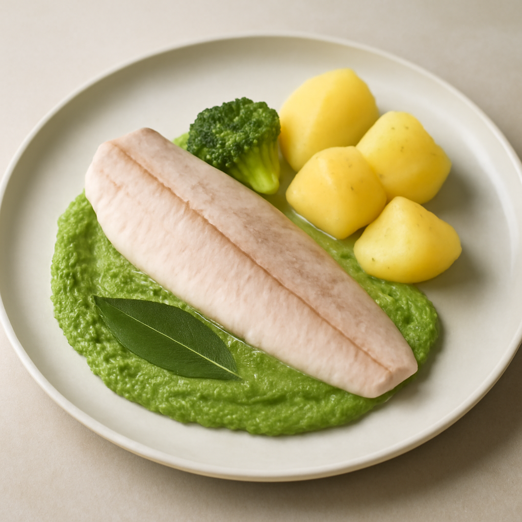 Filetto di trota lessato in court-bouillon con crema di broccoli e patate lesse