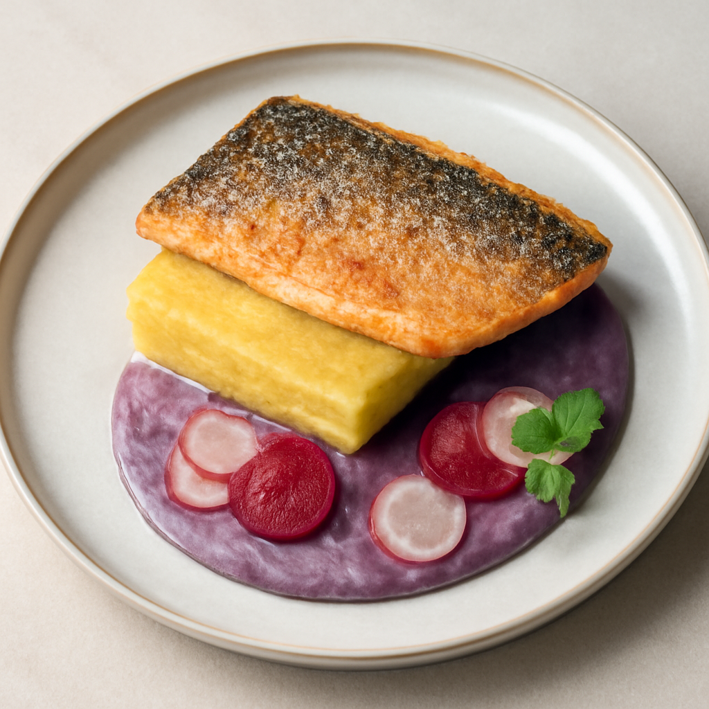 Filetto di trota su zoccolo di polenta e crema di patate viola e finocchio