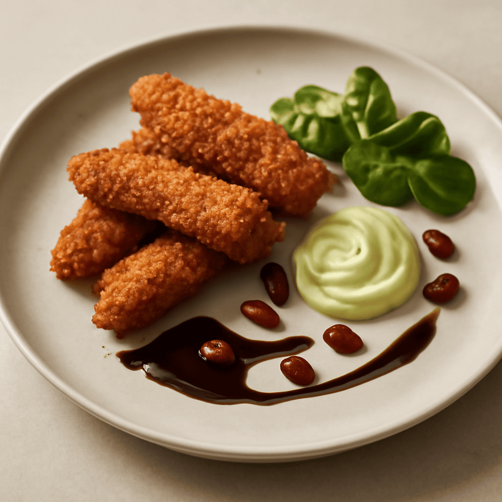 Finger croccanti di gallinella alla paprika con maionese al lime, riduzione di aceto balsamico, bacche di goji e valeriana