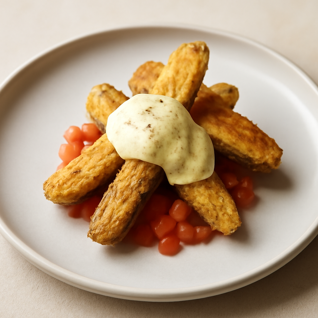 Finger di melanzane alla crema di pecorino su brunoise di pomodori