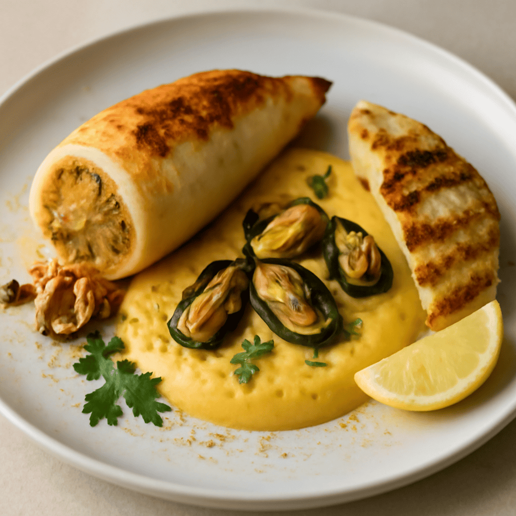 Finto calamaro ripieno con salsa di zenzero e limone, crema di cozze e spatola arrostita.