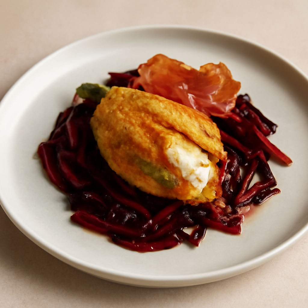 Fiore di zucchina fritto ripieno di mozzarella su letto di bieta rossa, con speck Alto Adige IGP croccante