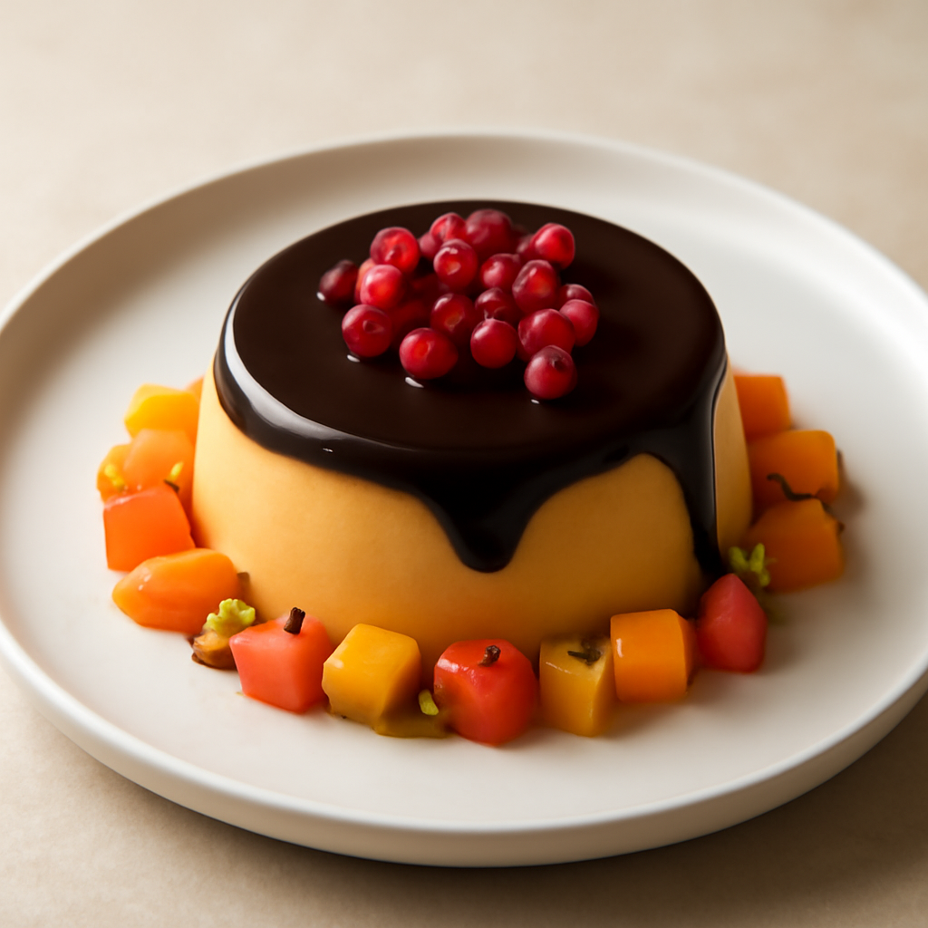 Flan ai Frutti Tropicali con Ganache al Cioccolato Fondente e Melograno