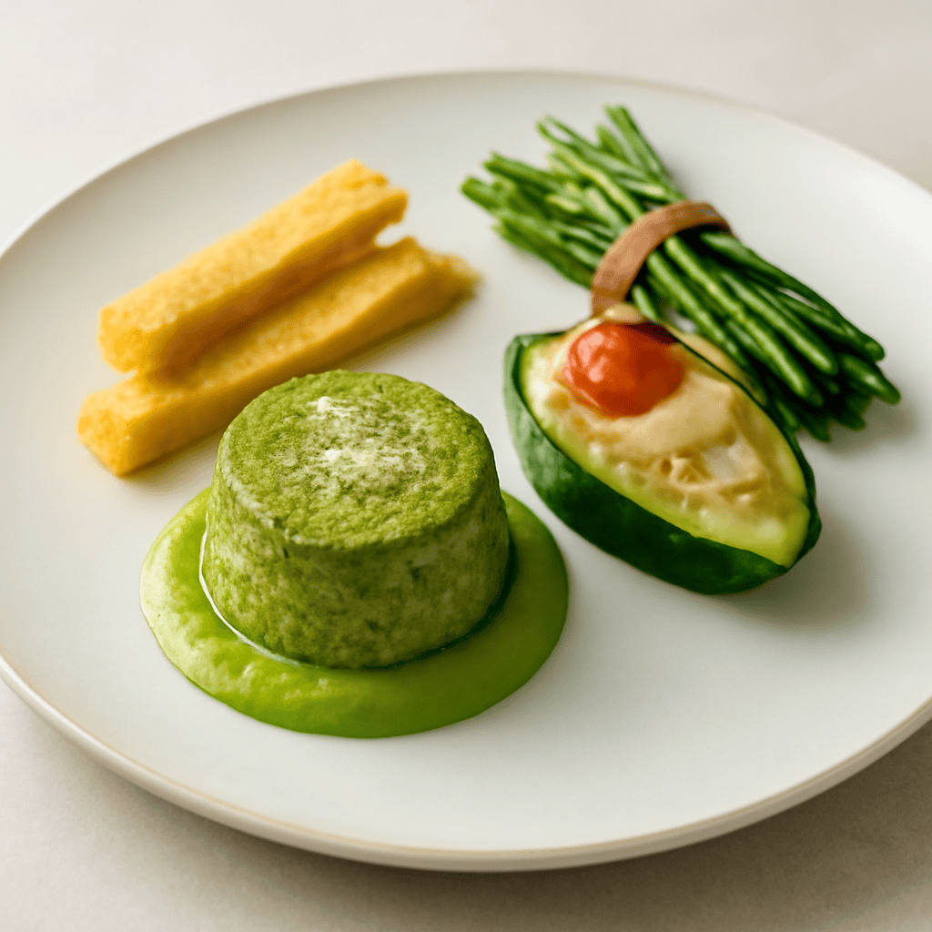 FLAN DI BROCCOLI CON CREMA DI PISELLI, GRISSINI DI POLENTA,ZUCCHINA RIPIENA DI ORATA E MAZZETTO DI FAGIOLINI E GUANCIALE.