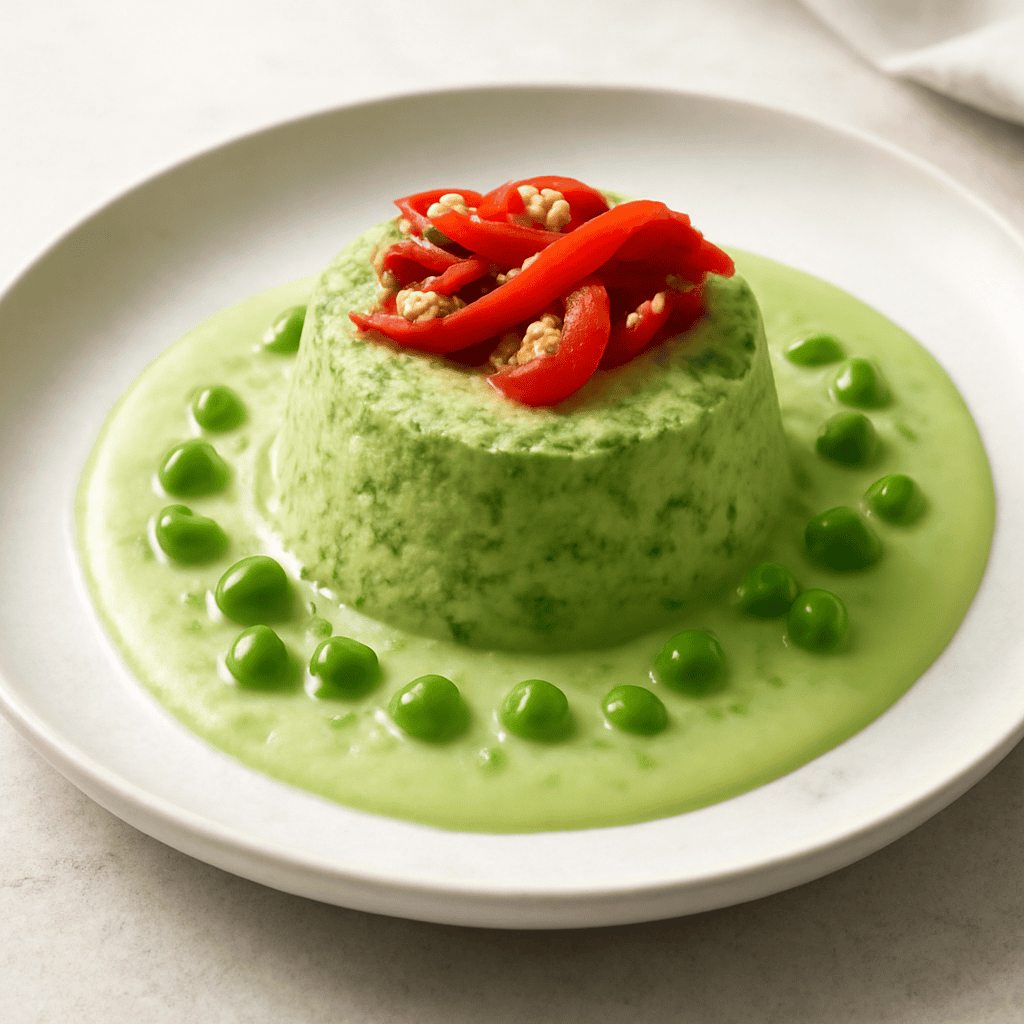 FLAN DI BROCCOLI CON CREME AI PISELLI E PEPERONI
