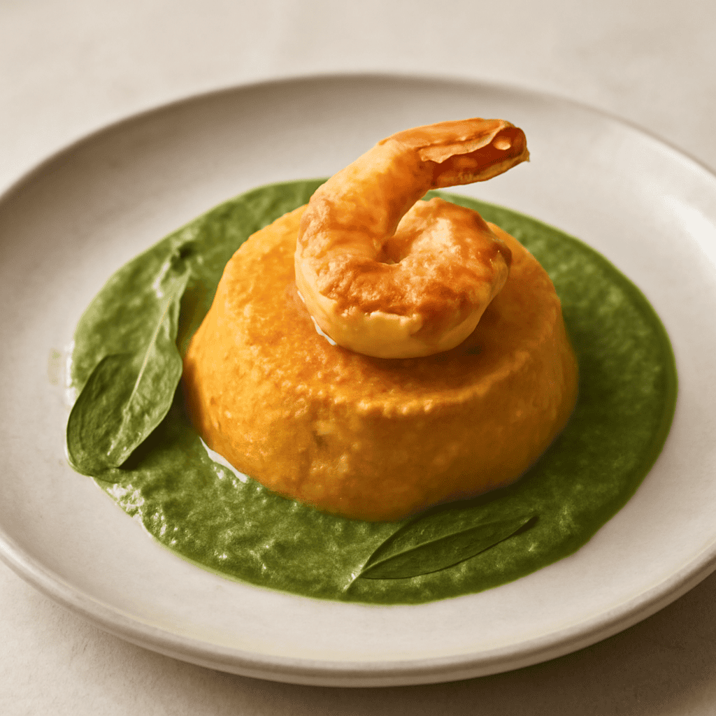 Flan di Zucca su Crema di Basilico e Gamberone Scottato